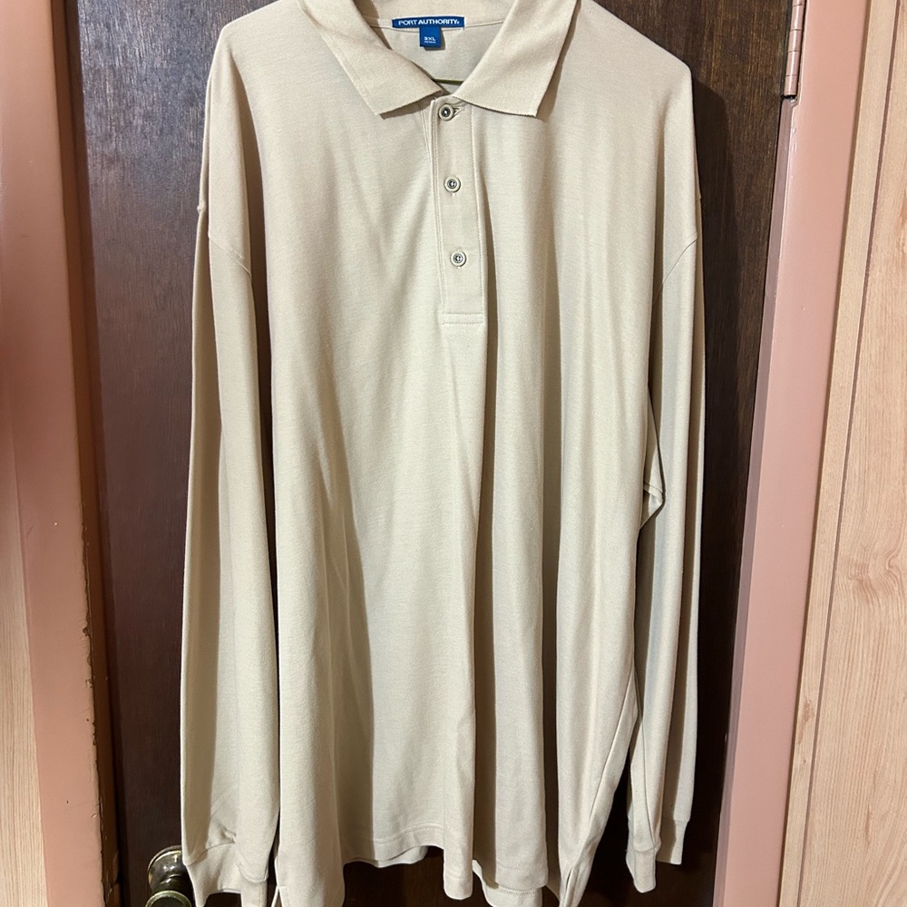 NWOT Port Authority Cream Long Sleeved Polo Shirt with Relaxed Fit